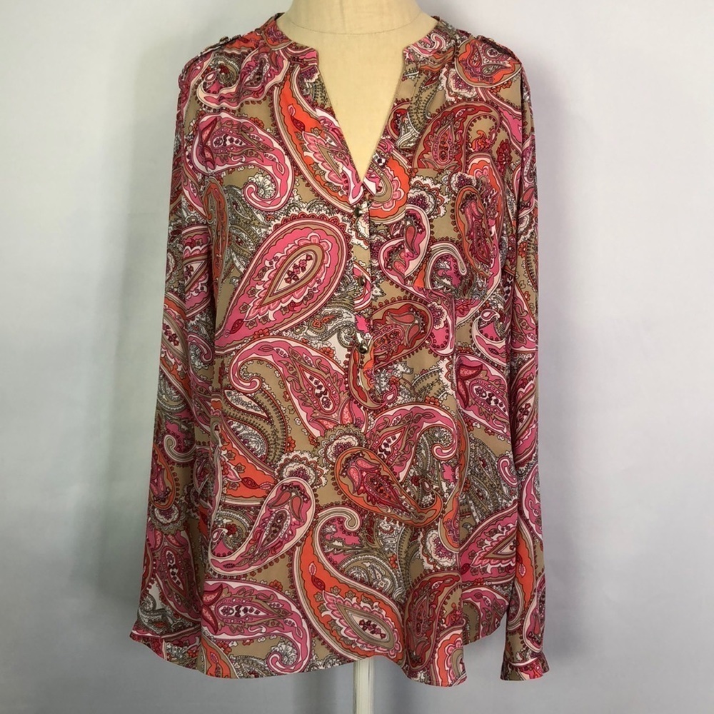 Charter Club Paisley Long Sleeve Half Button Top Size M